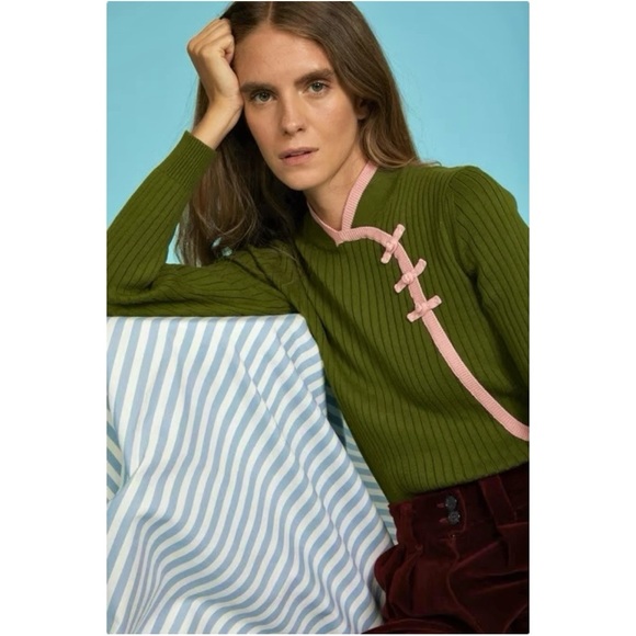 [sold] Maria de la Orden Olive Green & Pink "Mansart Chinese Top" Knit Sweater - Picture 6 of 7